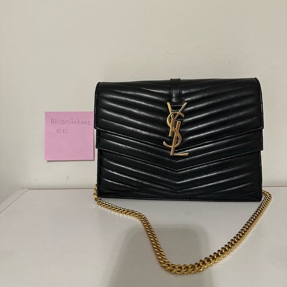 YSL Sulpice Black Quilted Double Flap Wallet on a Chain - Picture 2 of 16